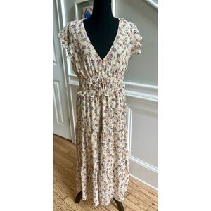 🌼 Romantic Floral Maxi Dress Smocked Waist | Sz S/M | Cream, Lilac & Yellow